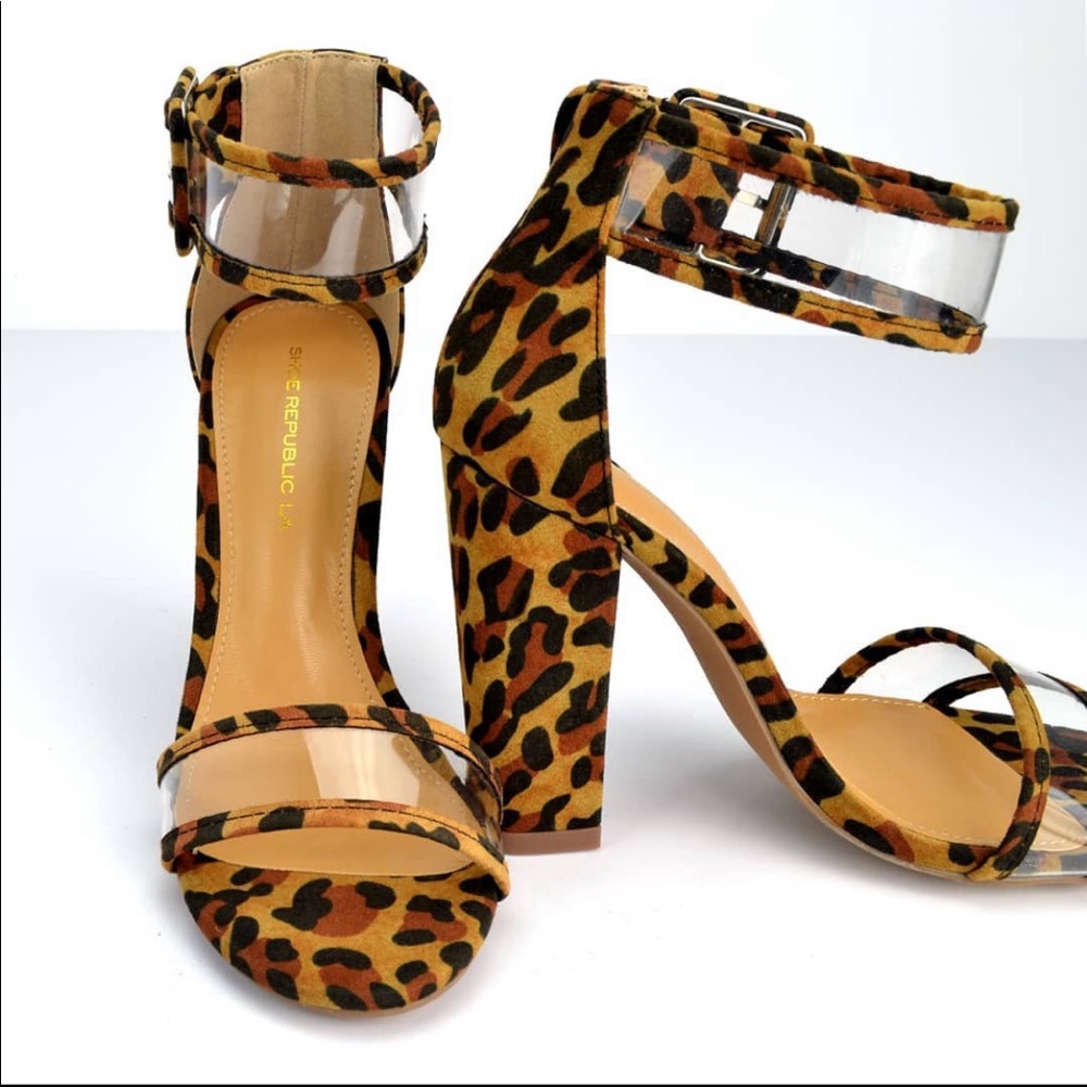 NWT SHOES Shoe Republic LA- Leopard, Clear Strap, Block Heel, Size 6.5